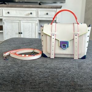 NWT MICHAEL KORS MANHATTAN MEDIUM SCHOOL LOGO SATCHEL CROSBODY BAG OPTIC WHITE